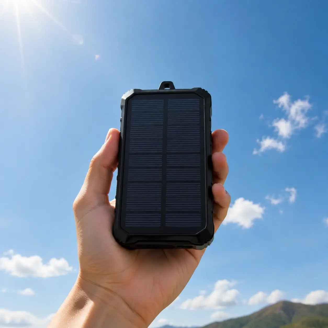 Solar Power Bank lädt Smartphone in der Natur
